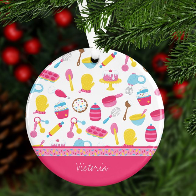 Girl Baker Pink Cooking Pattern Chef Kid Christmas Ceramic Ornament (Creator Uploaded)