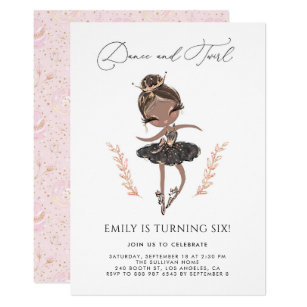 Girl Ballerina in Black Dress Gold Birthday Invitation