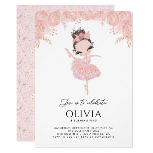 Girl Ballerina in White Dress Floral Birthday Invitation