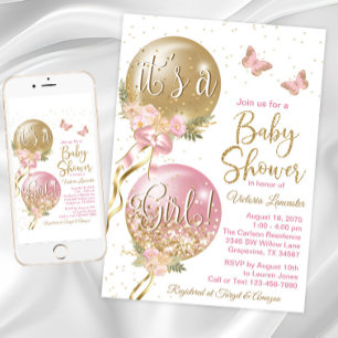Girl Balloon Baby Shower Invitation