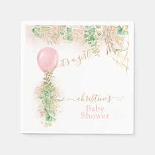 Girl Balloon Eucalyptus Gold Glitter Baby Shower Napkin