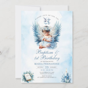Girl Baptism & 1st Birthday Blue Floral Cross Invitation