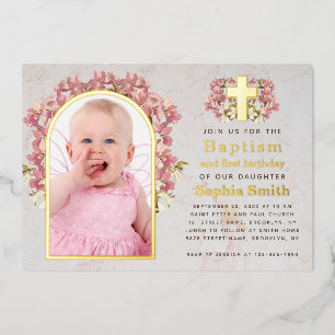 Girl Baptism 1st Birthday Photo Pink Orchids Gold