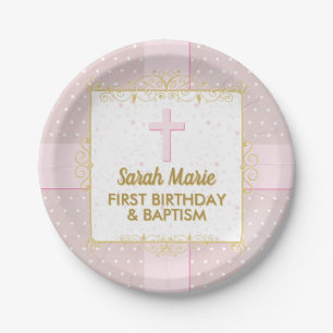 Girl Baptism 1st Birthday Pink Gold Text Polka Dot Paper Plate