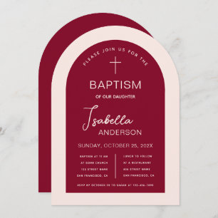 Girl Baptism Arch Burgundy Pink Modern Script Invitation