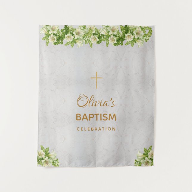 Girl Baptism Backdrop | Marble Gold Cross Lilies Tapestry (Front)
