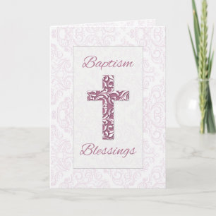 Girl Baptism Blessings Blue Cross Damask Swirls Card