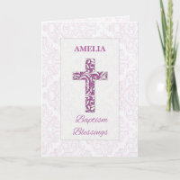 Girl Baptism Blessings Pink Cross Damask Swirls