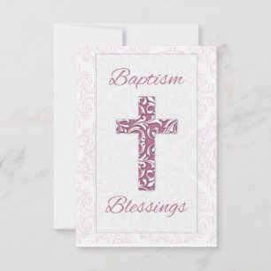 Girl Baptism Blessings Pink Cross Damask Swirls Thank You Card