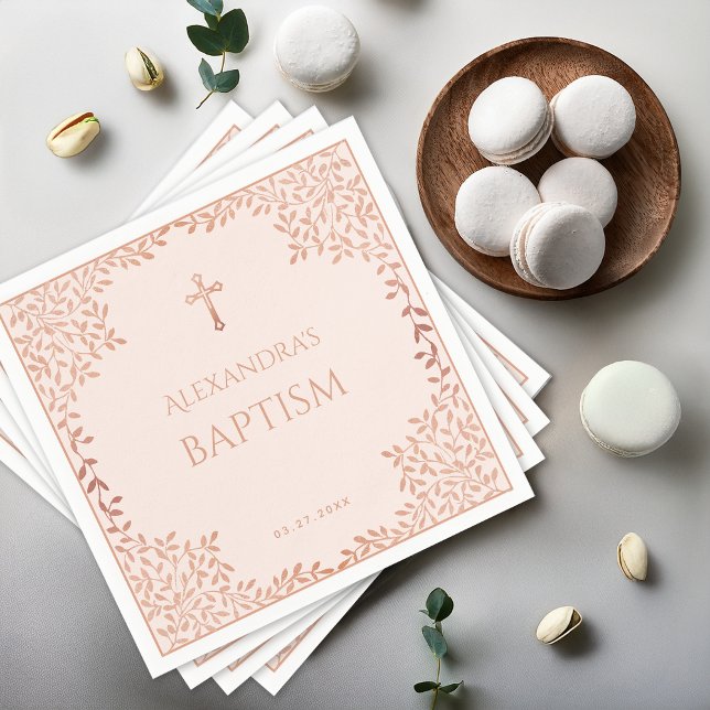 Girl Baptism Blush Pink Elegant Rose Gold Leaves Napkin (Creator Uploaded)