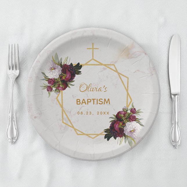 Girl Baptism Burgundy Peonies Marble Gold Floral Paper Plate (Creator Uploaded)