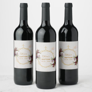 Girl Baptism Burgundy Peonies Marble Gold Floral Wine Label