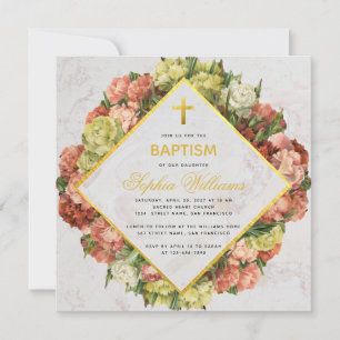 Girl Baptism Carnations Gold Marble Calligraphy Invitation