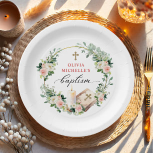 Girl Baptism Christening Floral Cross Paper Plate