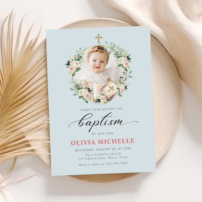 Girl Baptism Christening Floral Photo Invitation (Creator Uploaded)