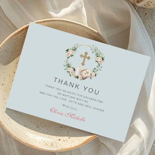 Girl Baptism Christening Floral Photo Thank You Card