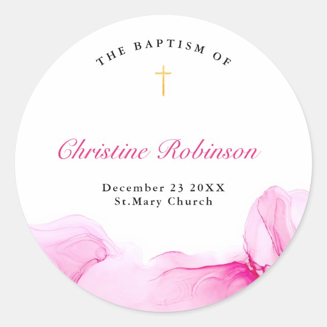 Girl Baptism Christening Pink Ink Classic Round Sticker (Front)
