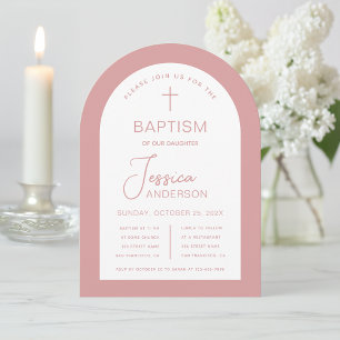 Girl Baptism Dusty Rose White Arch Modern Pink Invitation