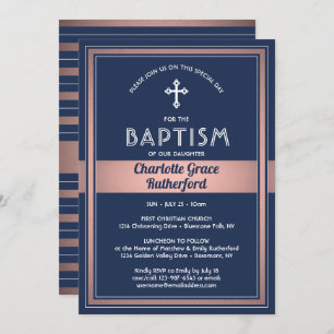 Girl Baptism Elegant Navy Blue Pink Rose Gold Invitation