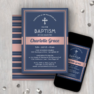 Girl Baptism Elegant Navy Blue Pink Rose Gold Invitation