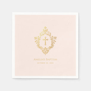 Girl Baptism Elegant Pink Gold Cross Vintage Crest Napkin