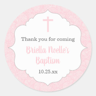Girl baptism favour idea   pink damask classic round sticker
