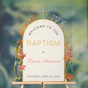 Girl Baptism Floral Gold Arch Wildflowers Welcome Acrylic Sign