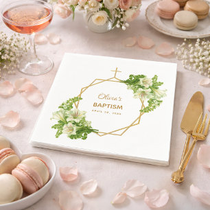 Girl Baptism Floral Lilies Gold Cross Geometric Napkin