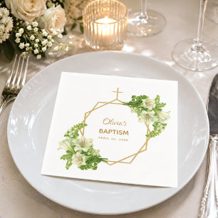 Girl Baptism Floral Lilies Gold Cross Geometric Napkin