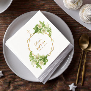 Girl Baptism Floral Lilies Gold Cross Geometric Napkin