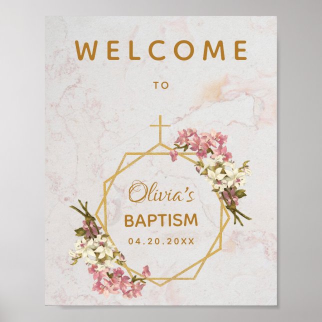 Girl Baptism Floral Marble Gold Orchids Welcome Poster (Front)