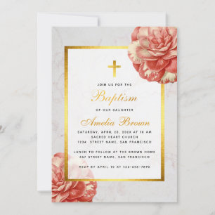 Girl Baptism Floral Pink Camellia Faux Gold Marble Invitation