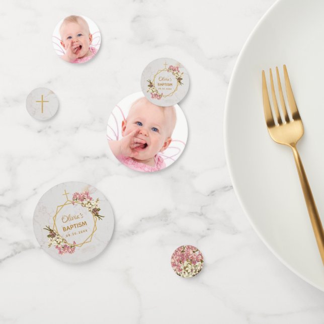 Girl Baptism Floral Pink Orchids Marble Gold Photo Confetti (Group)