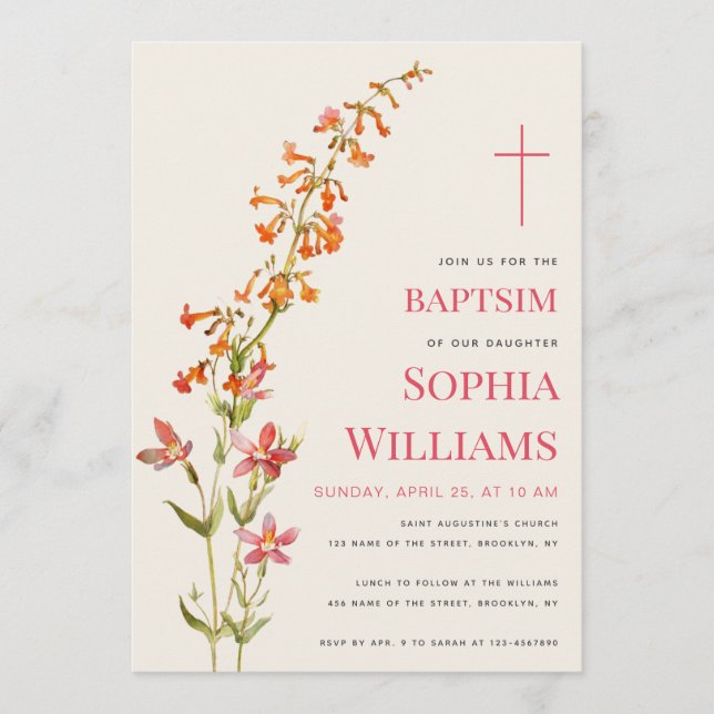  Girl Baptism Floral Watercolor Wildflowers Invitation (Front)