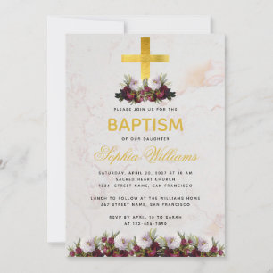 Girl Baptism Gold Cross Burgundy Peonies Marble Invitation