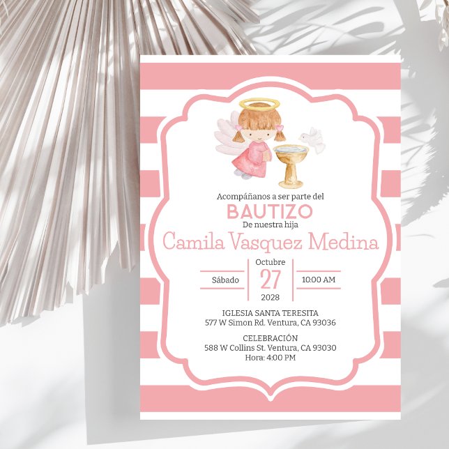 Girl Baptism in Spanish Cute Watercolor Angel  Invitation (Creator Uploaded)