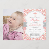Girl Baptism Invitation Coral Red and Grey Damask