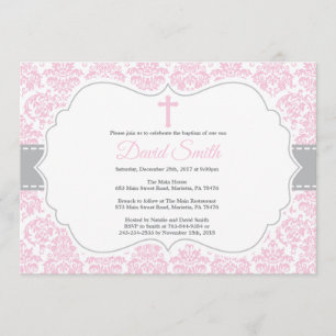 Girl Baptism Invitation Pink and Grey Damask