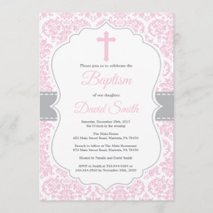 Girl Baptism Invitation Pink and Grey Damask