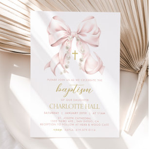 Girl Baptism Invitation, Pink Bow First Communion Invitation