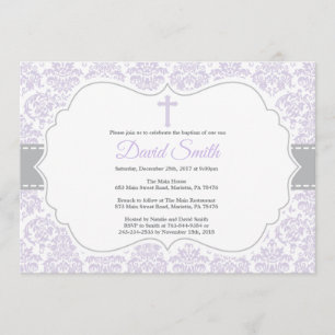 Girl Baptism Invitation Purple and Grey Damask