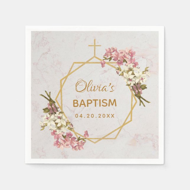 Girl Baptism Marble Floral Orchids Gold Geometric Napkin (Front)