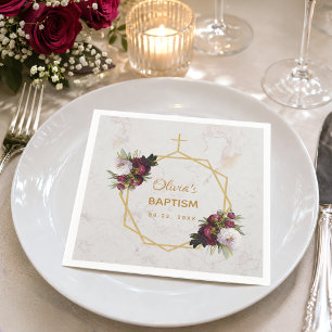 Girl Baptism Marble Gold Burgundy Peonies Floral Napkin