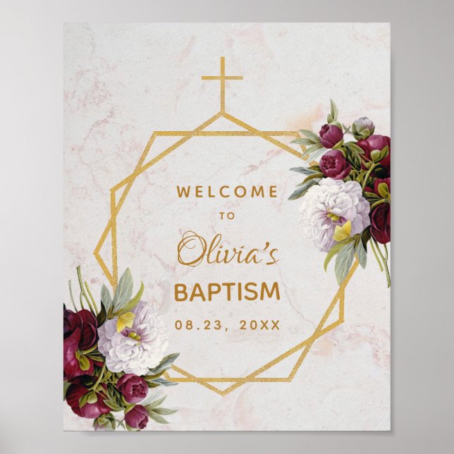Girl Baptism Marble Gold Peonies Butterfly Welcome Poster (Front)