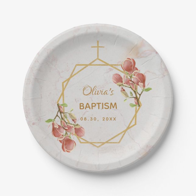 Girl Baptism Marble Gold Pink Magnolia Geometric Paper Plate (Front)