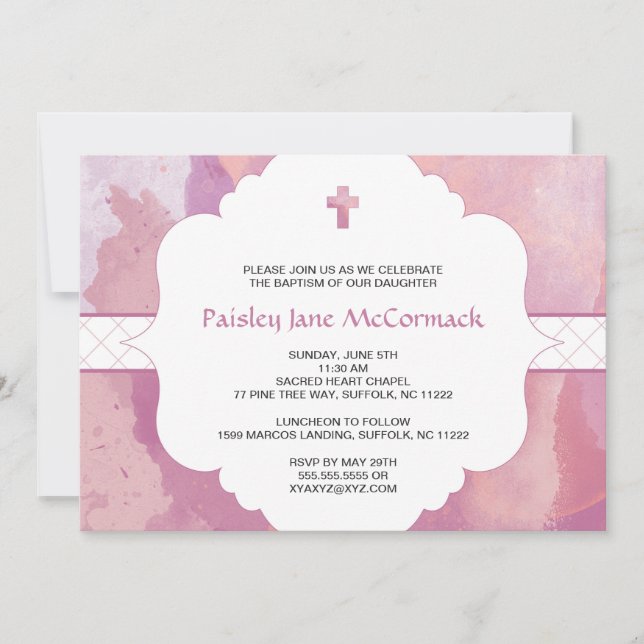 Girl baptism or first communion invite pink purple (Front)