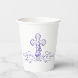 Girl Baptism Paper Cups with Purple Cross