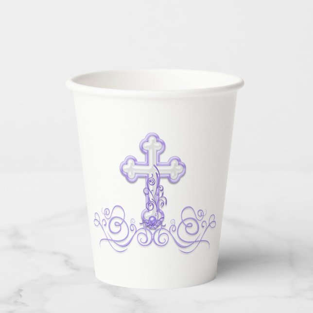 Girl Baptism Paper Cups with Purple Cross (Front)