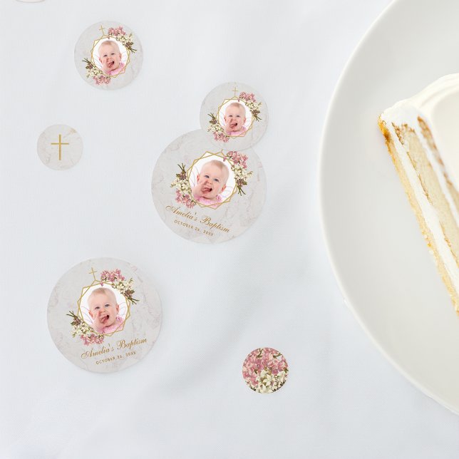 Girl Baptism Photo Floral Marble Gold Pink Orchid  Confetti (Creator Uploaded)