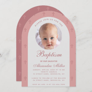Girl Baptism Photo Pink Dusty Rose Arch Modern Invitation